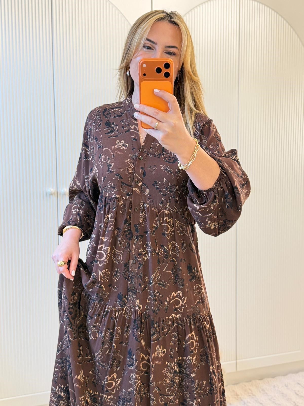 9146 Kahve Desenli Maxi Elbise