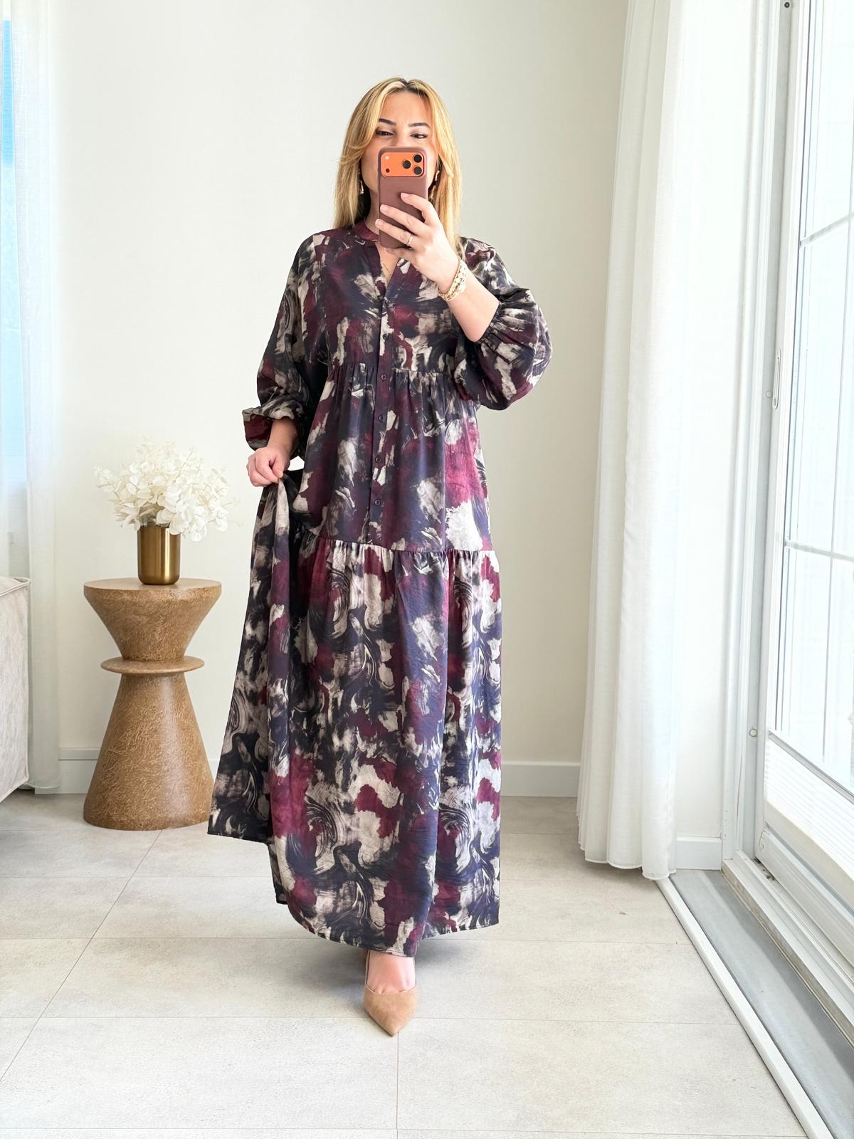 9080 Bordo Batik Desen Maxi Elbise