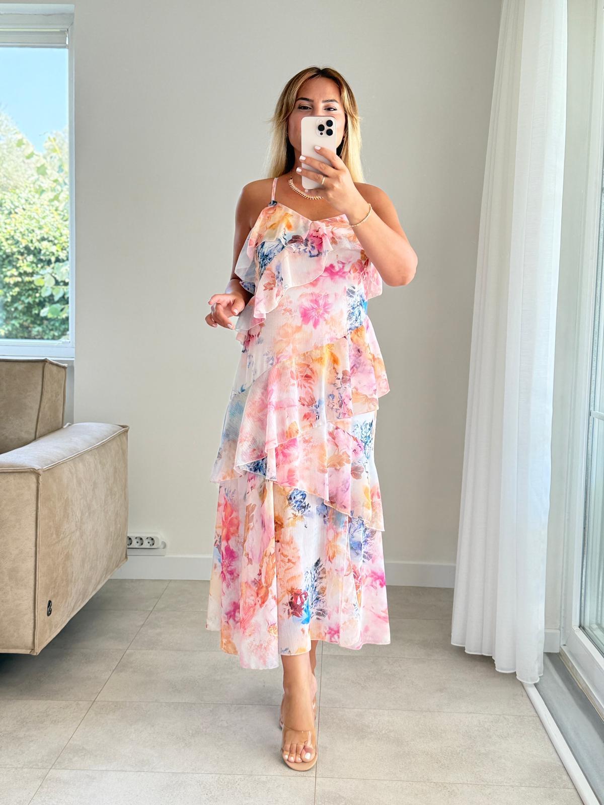 8344 Çiçek Desen Volanlı Elbise