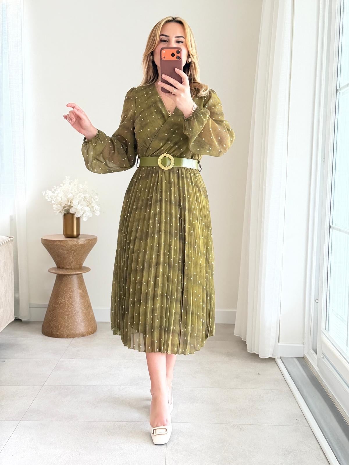 9089 Olive Puantiye Kemerli Şifon Elbise