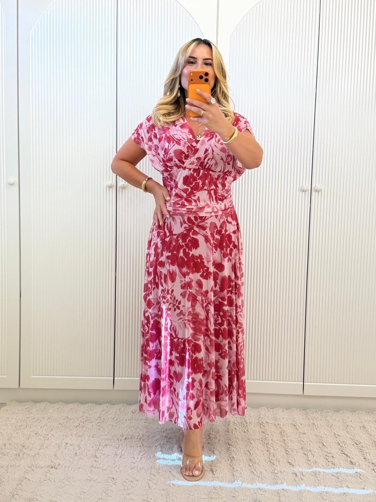 9430 Pembe Premium Drapeli Tül Elbise