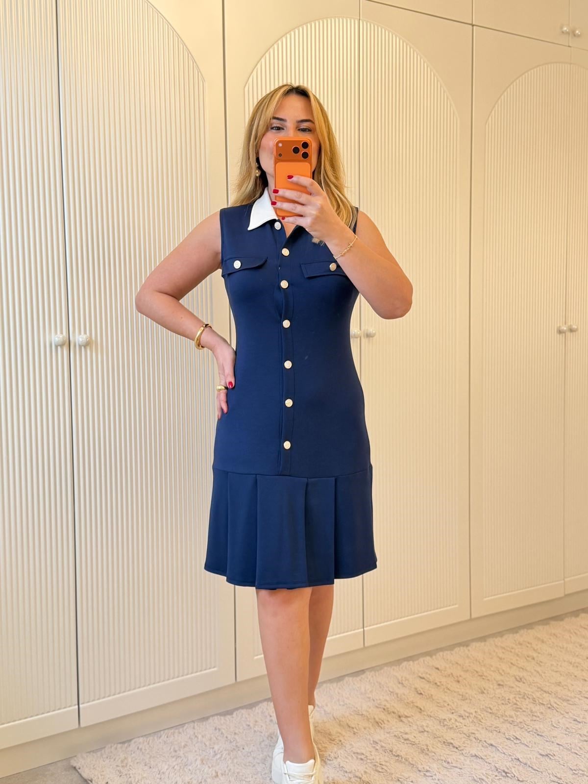 9216 Lacivert Polo Yaka Elbise