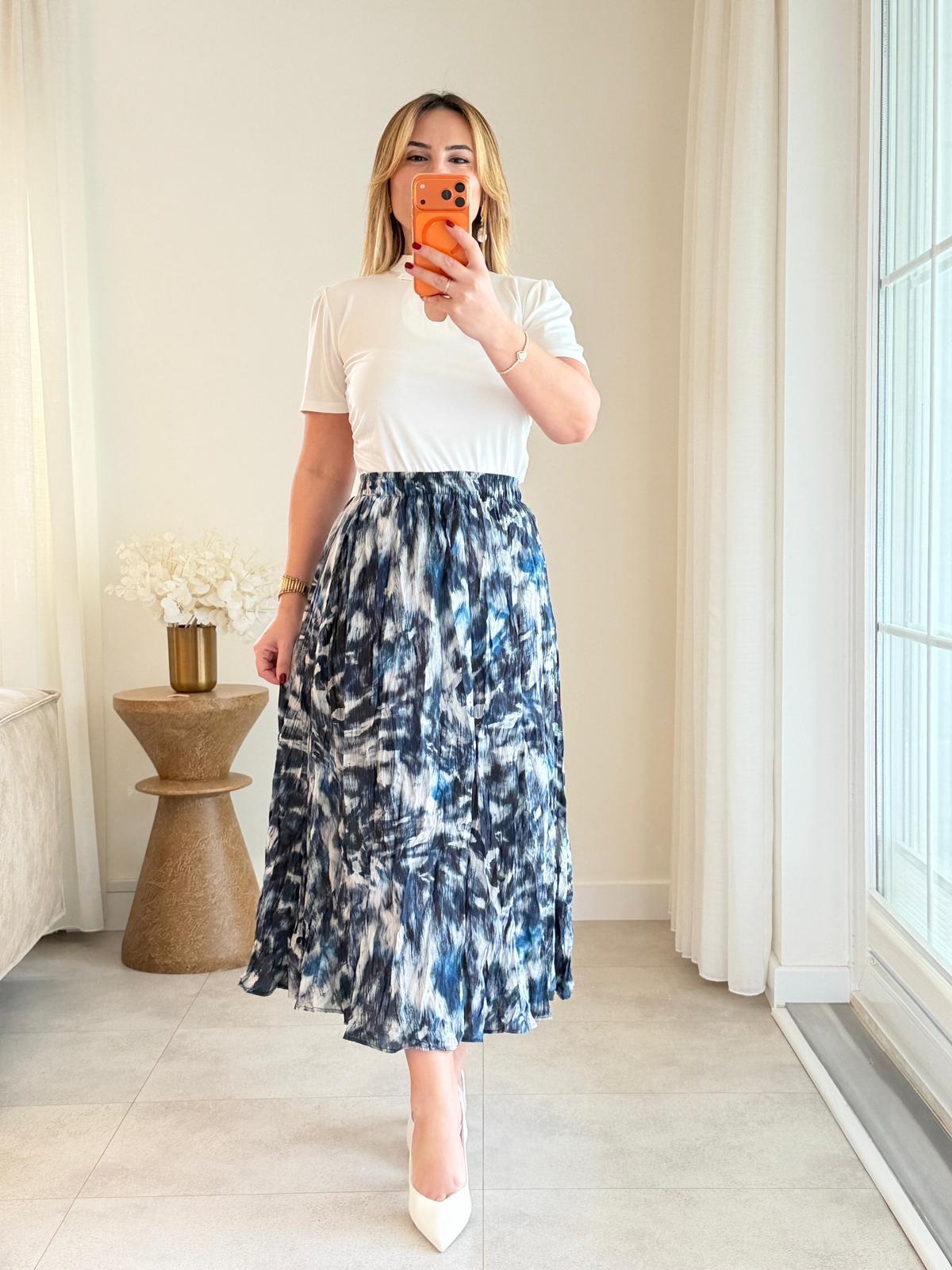 9006 Lacivert Desenli Midi Etek