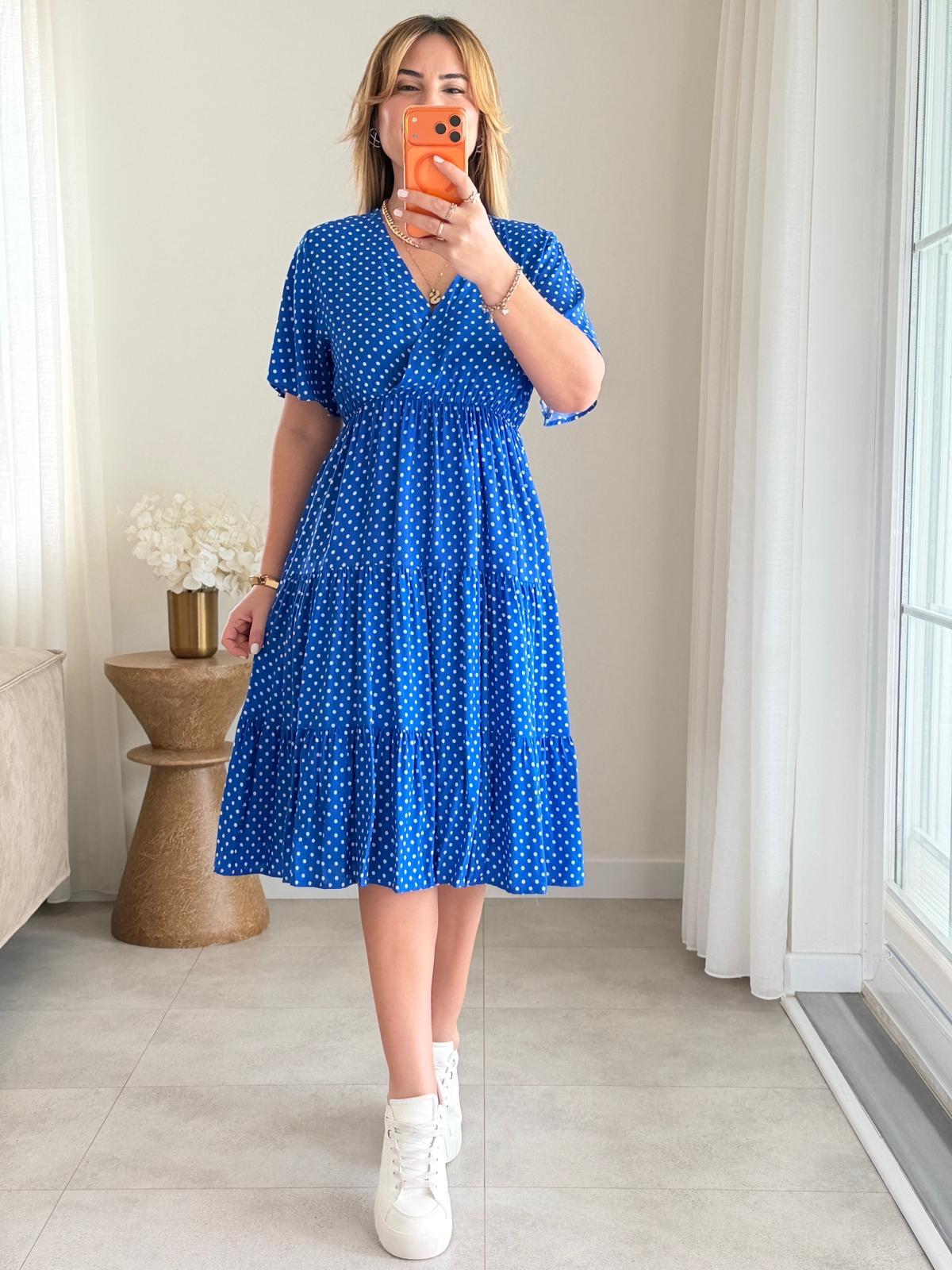 8985 Sax Puantiye Kruvaze Yaka Elbise