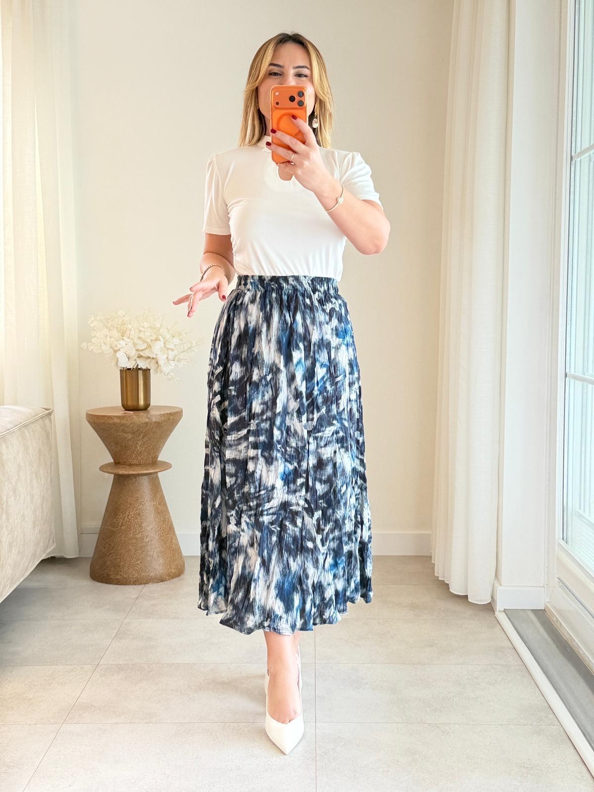 9006 Lacivert Desenli Midi Etek