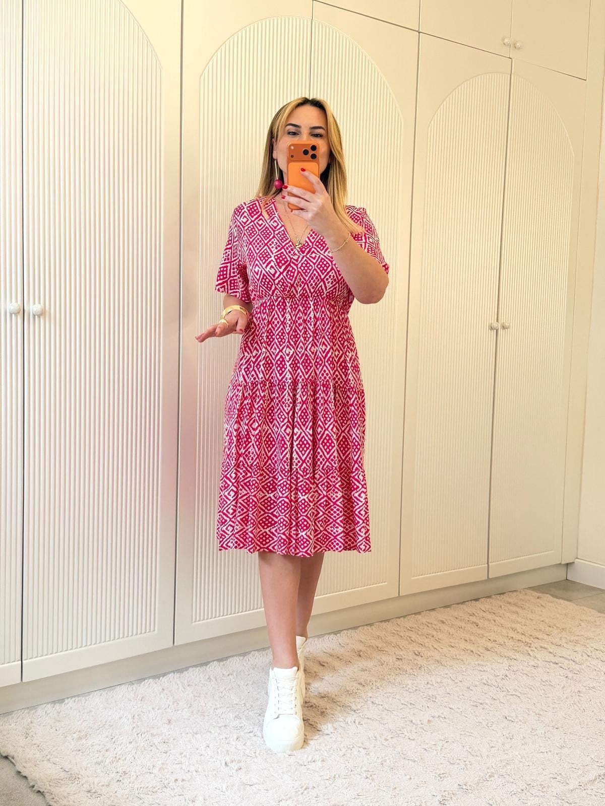9212 Pembe Desenli Kruvaze Yaka Elbise
