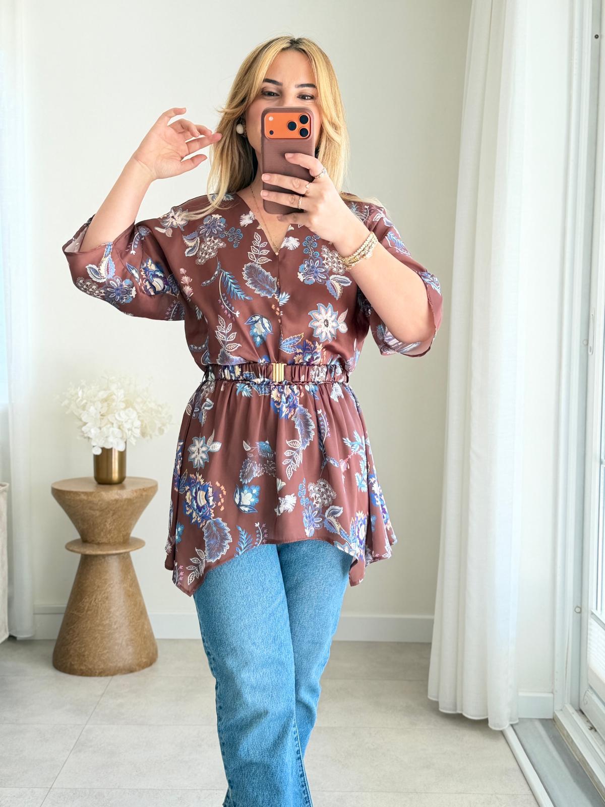 9076 Kahve V Yaka Asimetrik Bluz