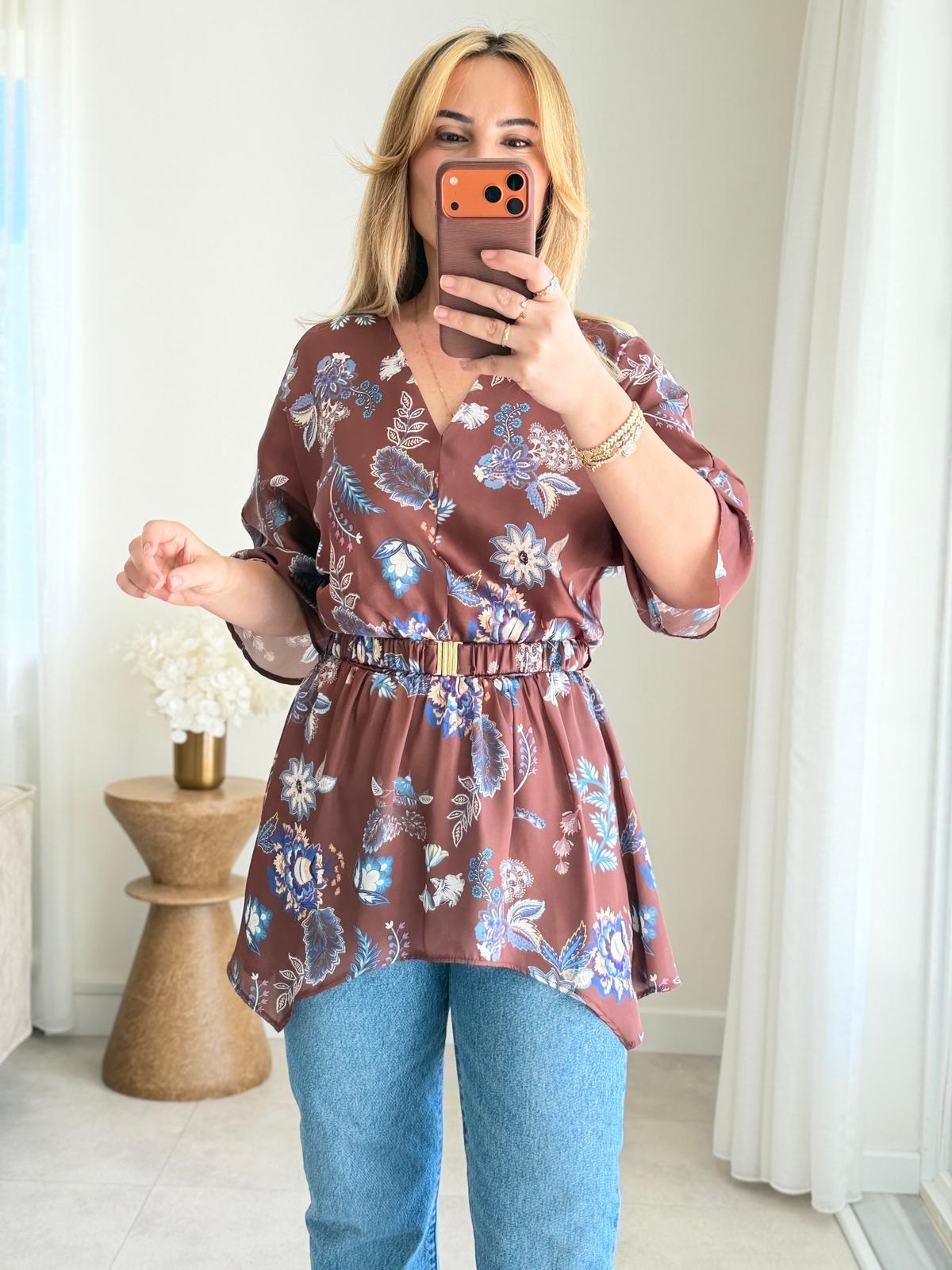 9076 Kahve V Yaka Asimetrik Bluz