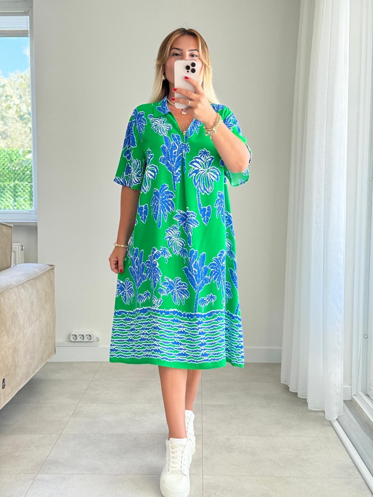 8440 Yeşil Sax Gömlek Yaka Elbise