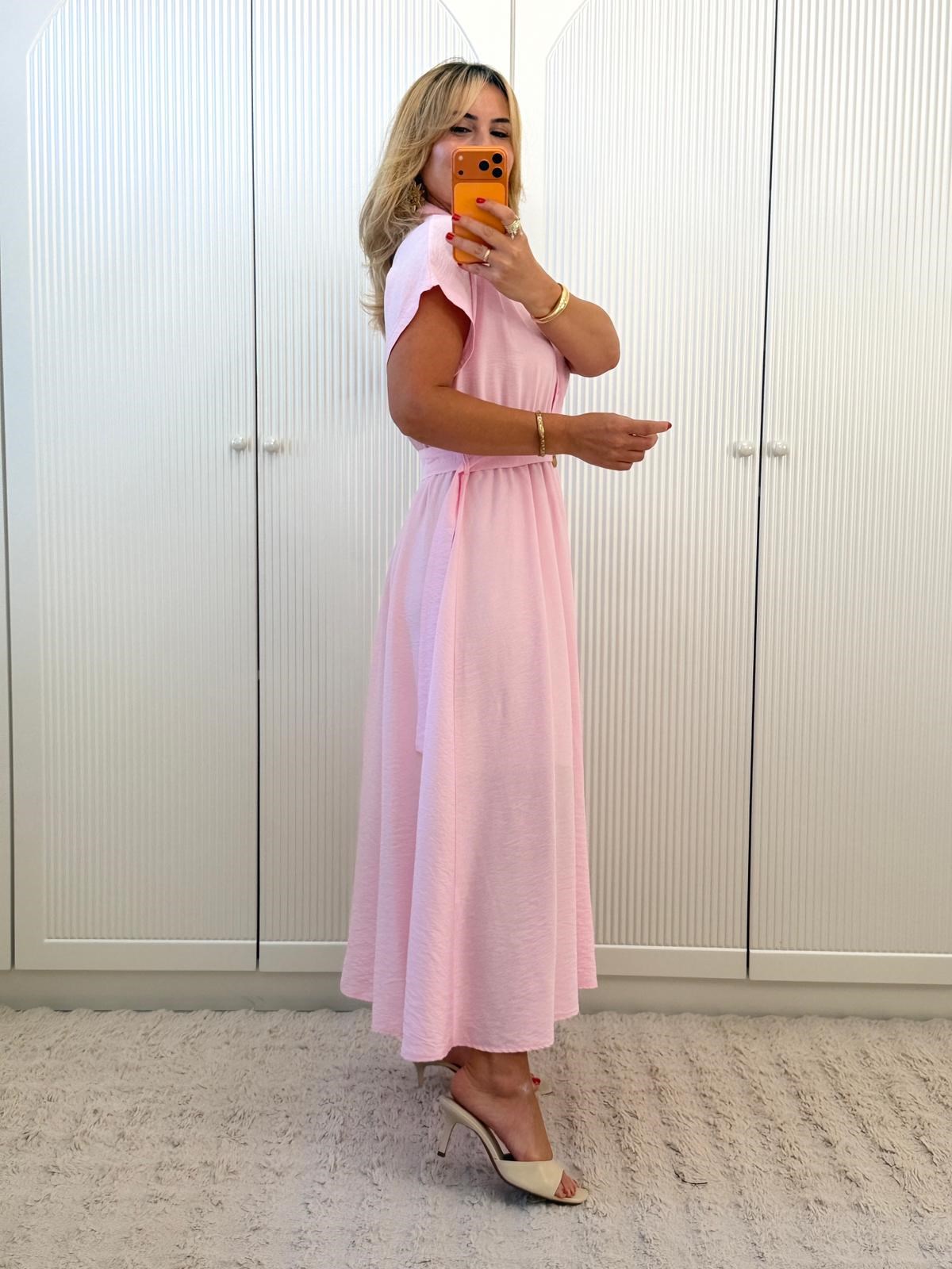 9439 Pembe Gold Toka Detay Gömlek Elbise