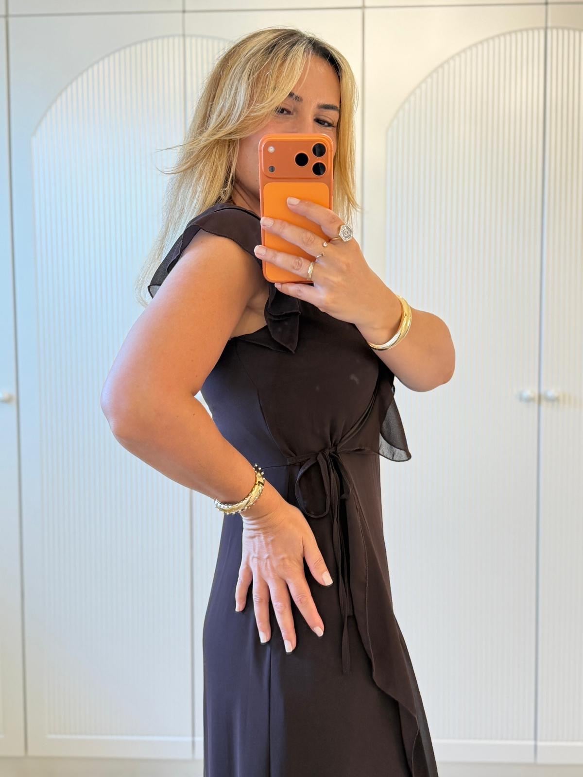 9418 Kahve Premium Kruvaze Volanlı Sifon Elbise