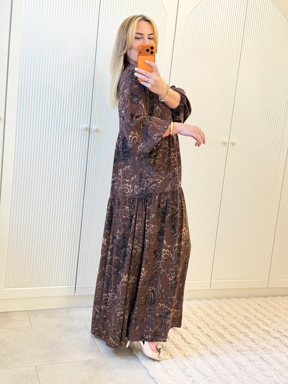 9146 Kahve Desenli Maxi Elbise