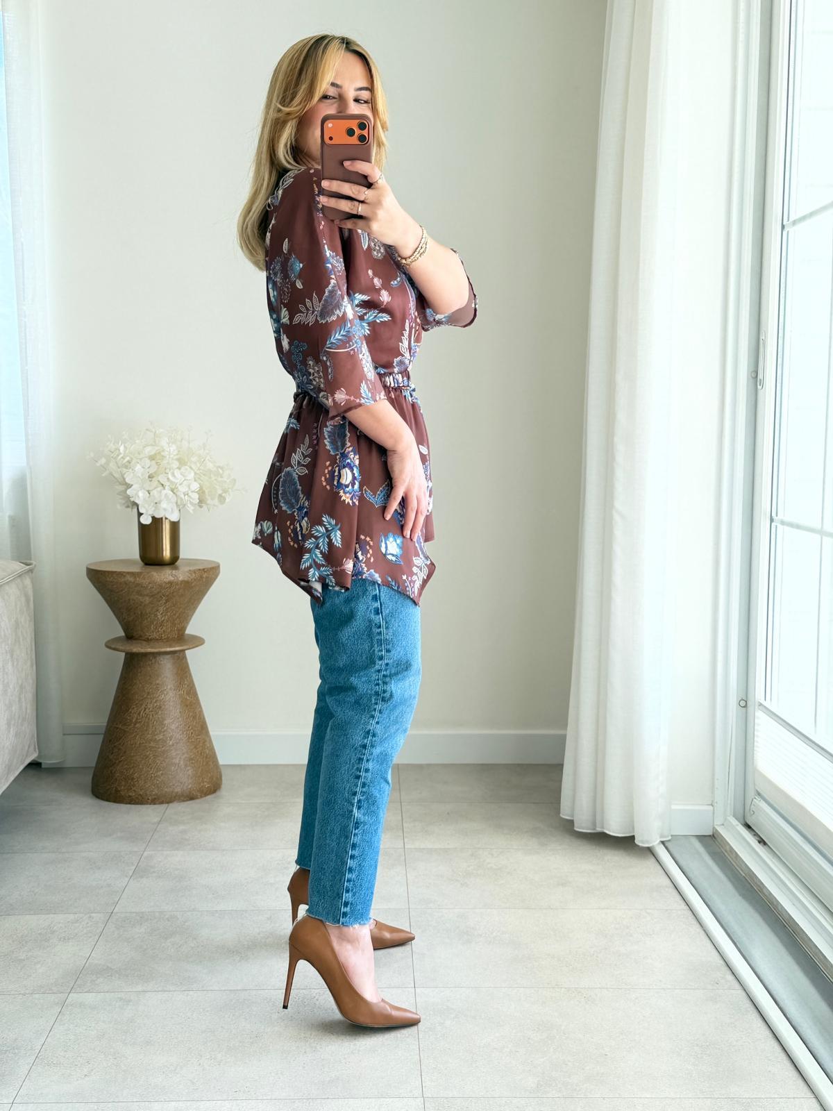 9076 Kahve V Yaka Asimetrik Bluz