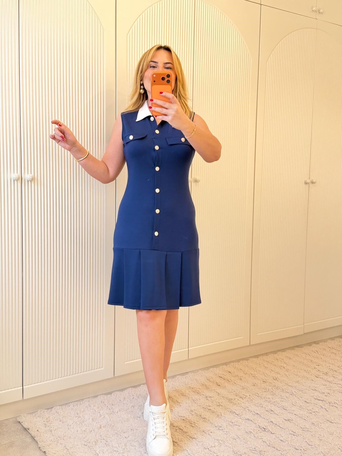 9216 Lacivert Polo Yaka Elbise
