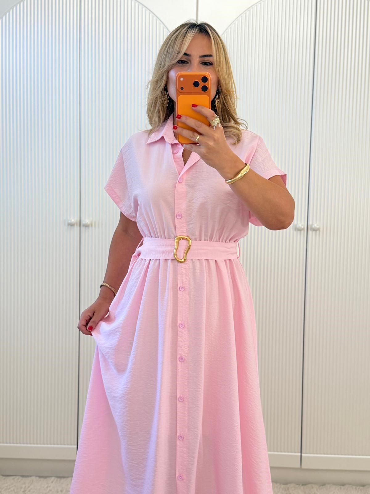 9439 Pembe Gold Toka Detay Gömlek Elbise