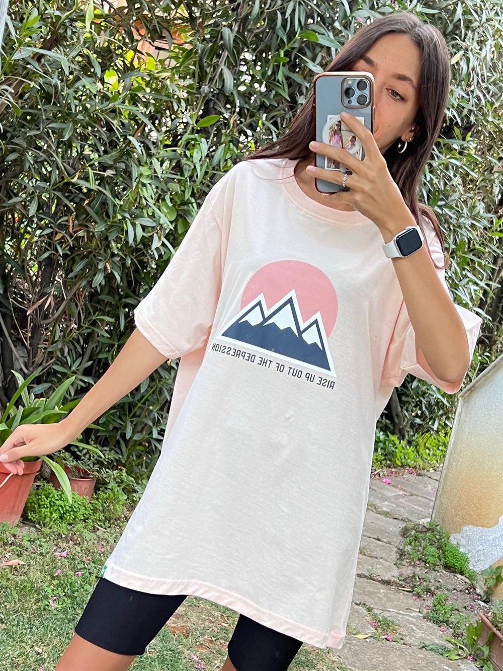 3160 Dağ Baskılı Pembe T-Shırt