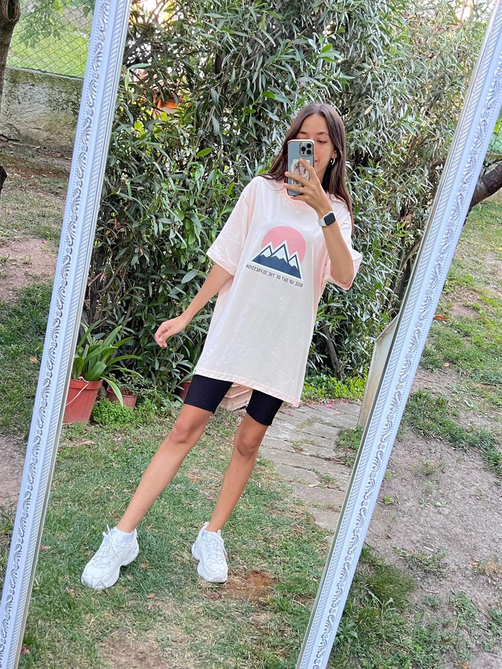 3160 Dağ Baskılı Pembe T-Shırt