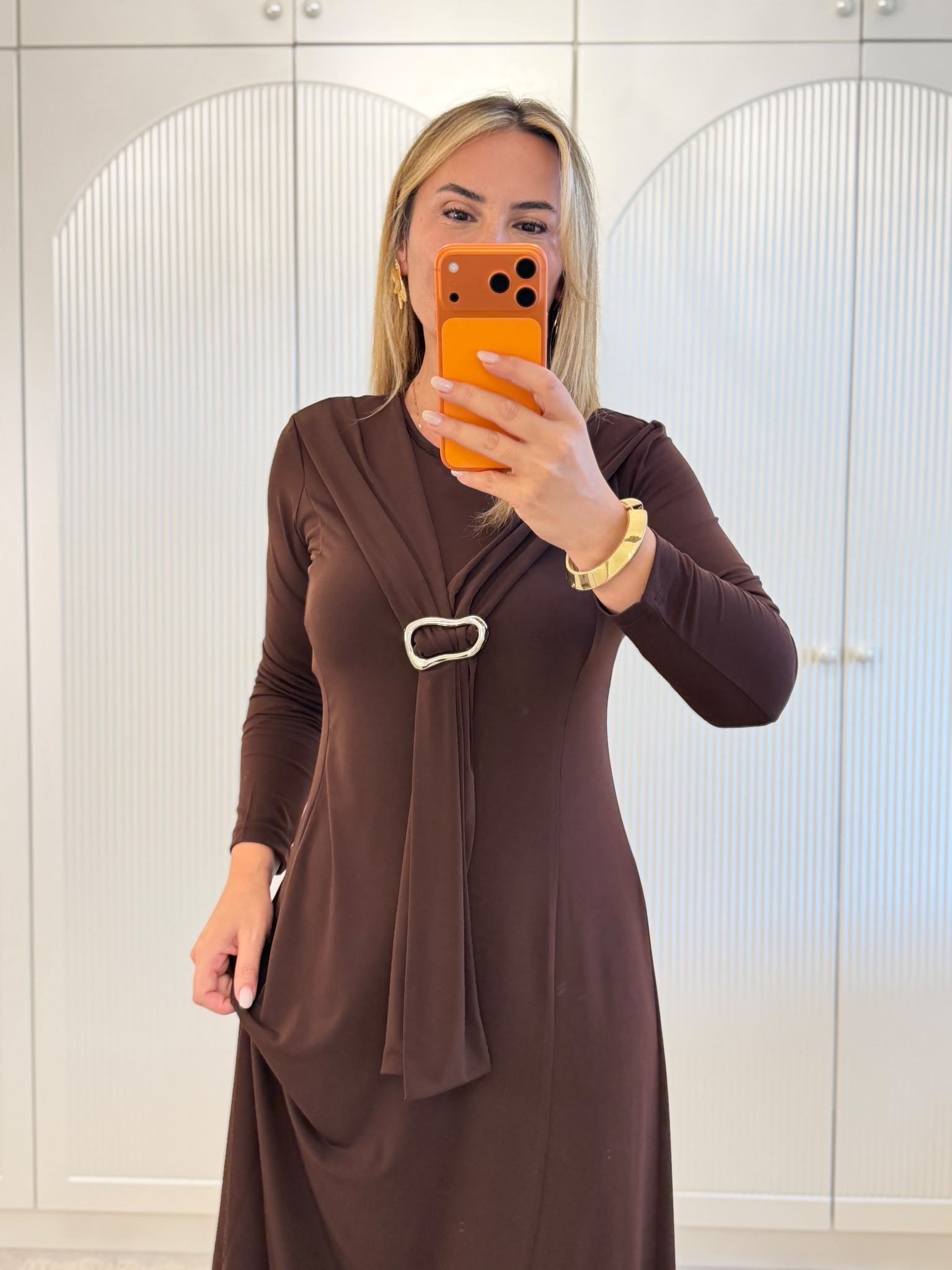 9839 Kahve Kendinden Fularlı Elbise