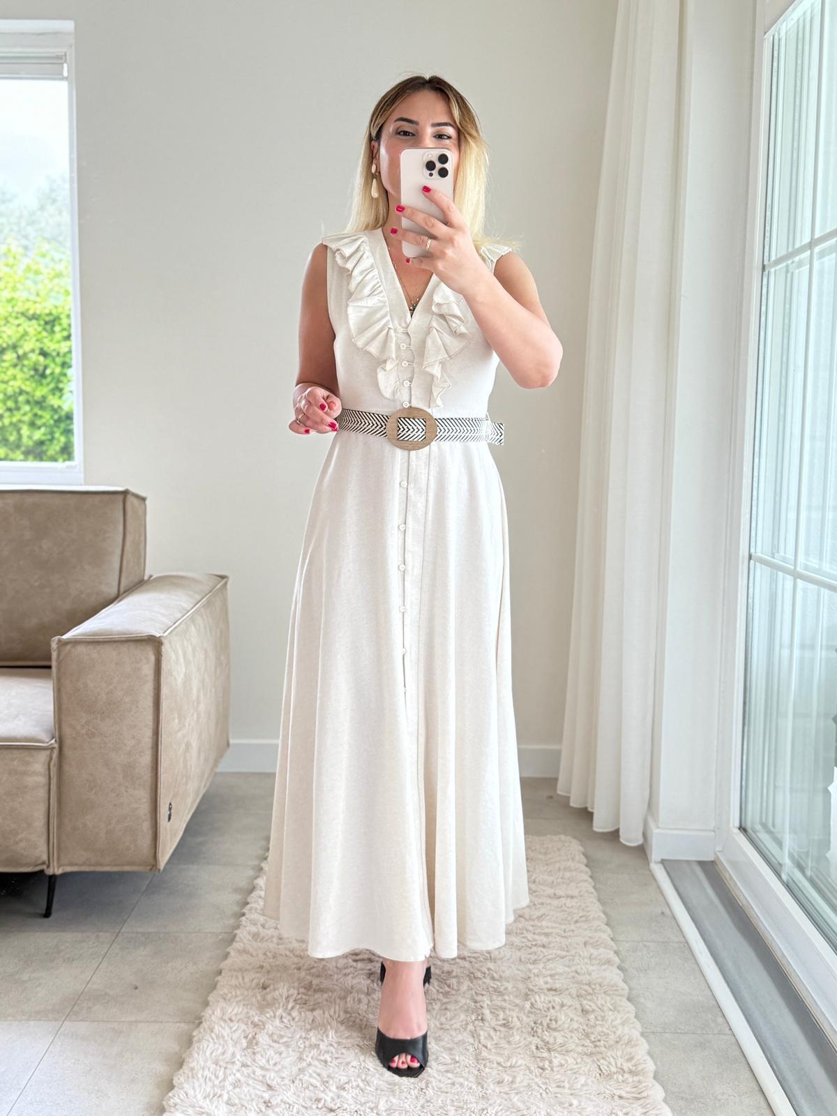 7874 Kemerli Keten Elbise