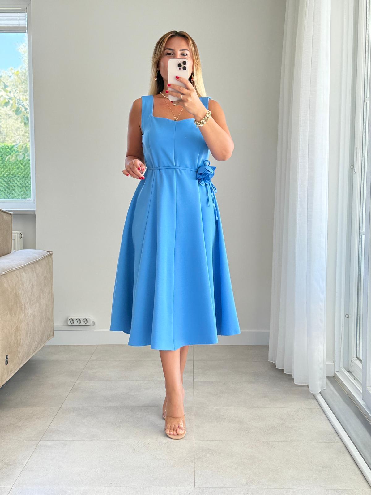 7847 Mavi Çiçek Kemerli Elbise