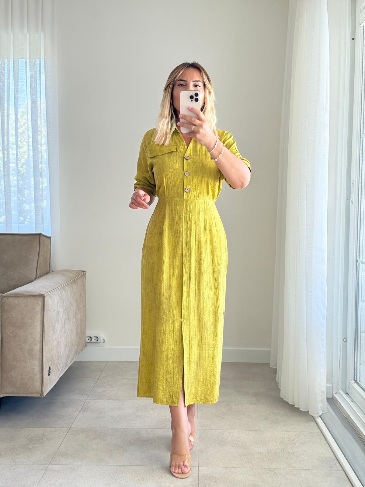 8228 Yağ Yeşili Cep Detaylı Elbise