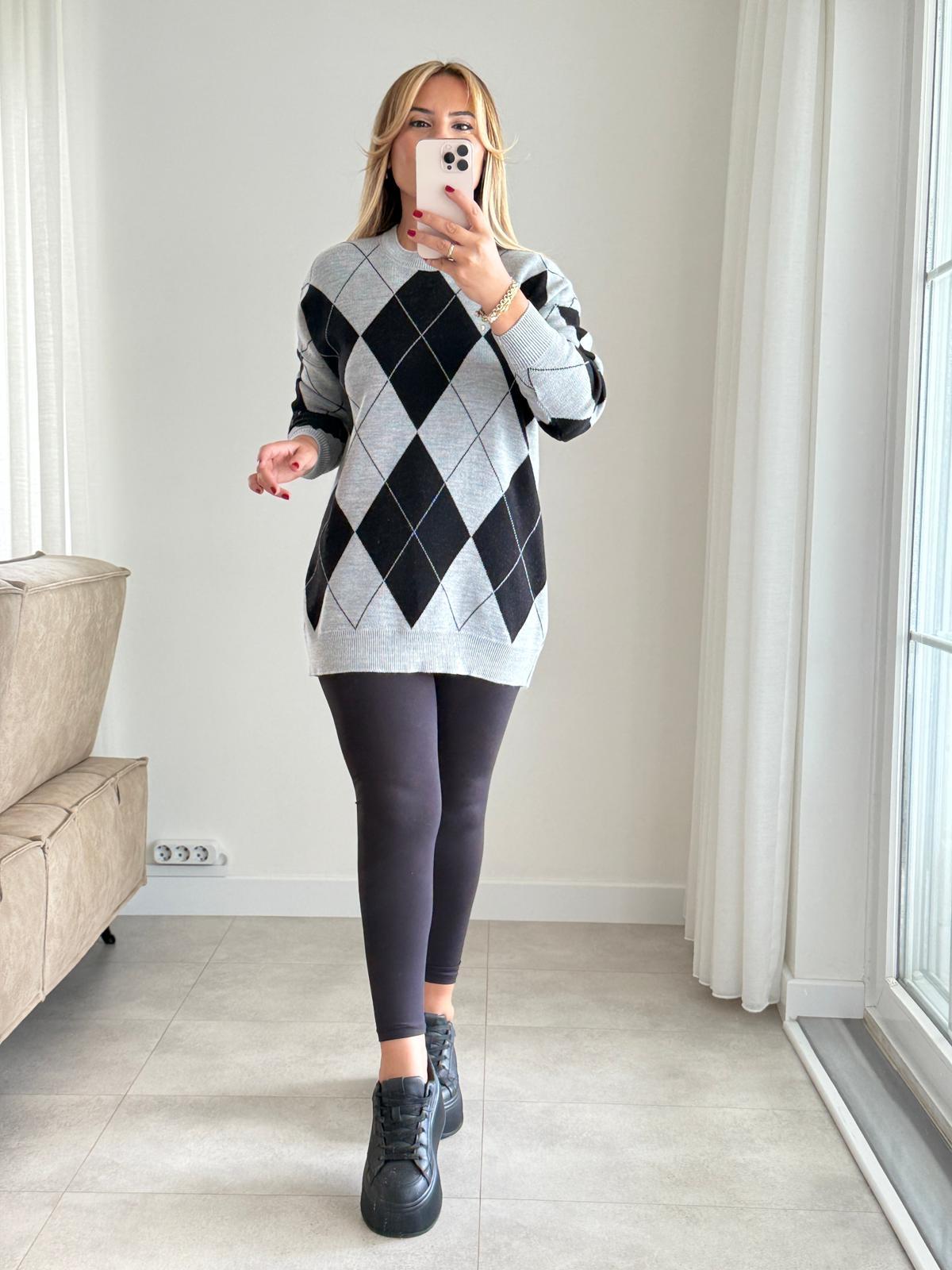 8534 Gri Siyah Baklava Triko