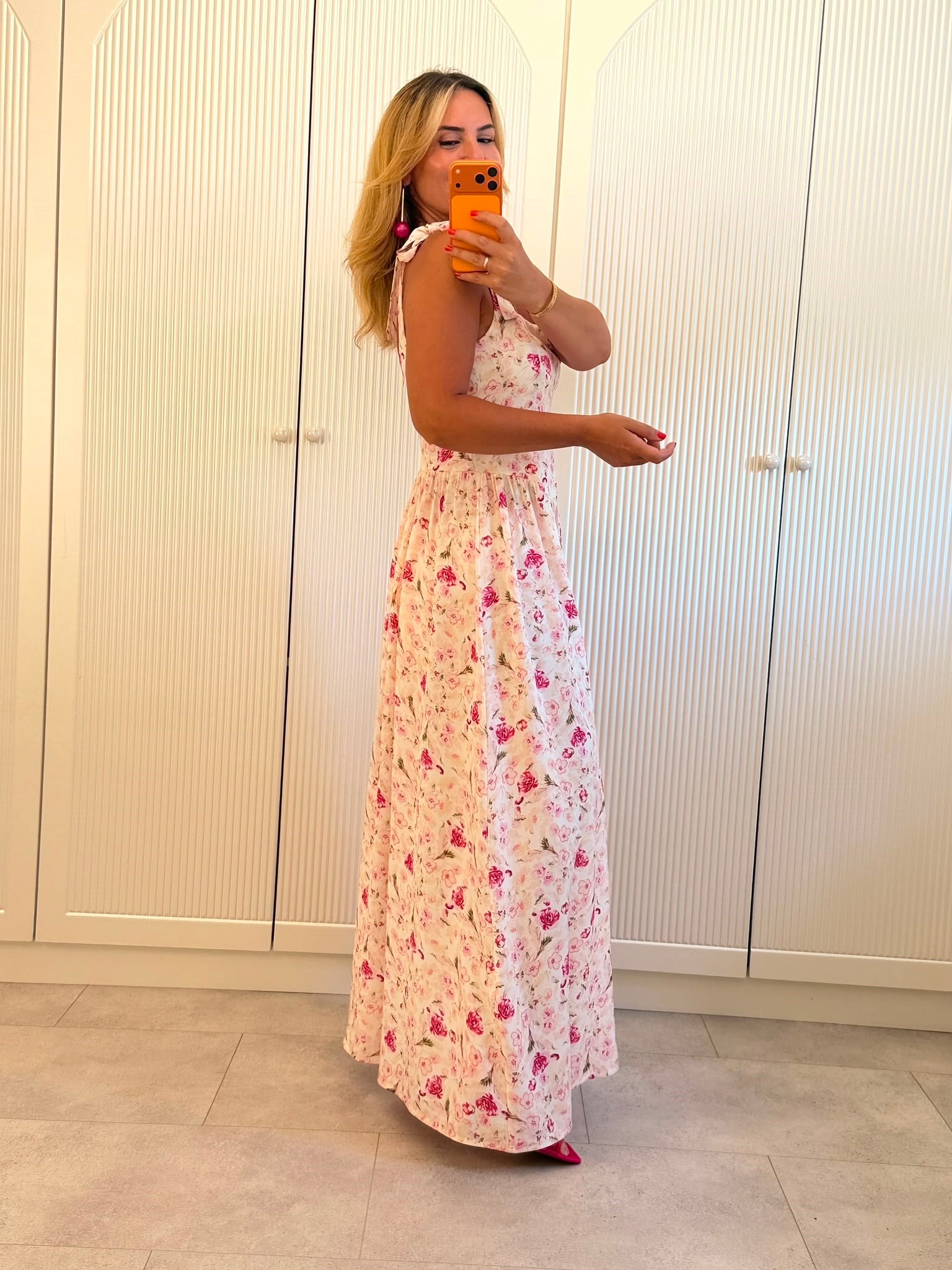 9541 Pembe Premium Desen Bağlamalı Elbise