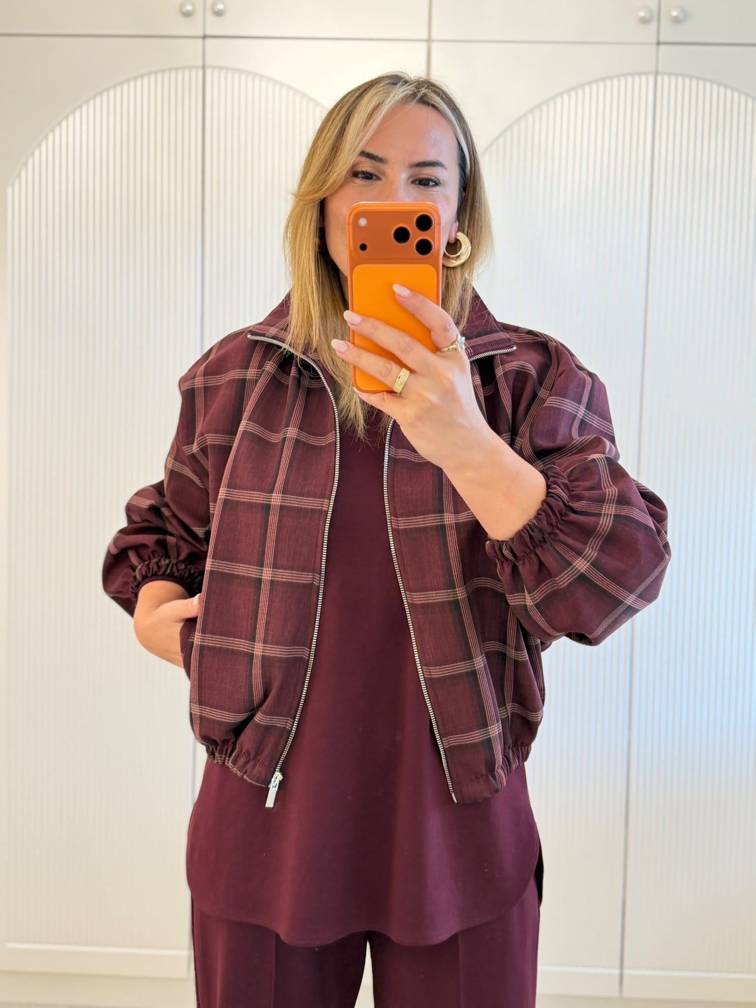 9851 Bordo Fermuarlı Ekose Ceket