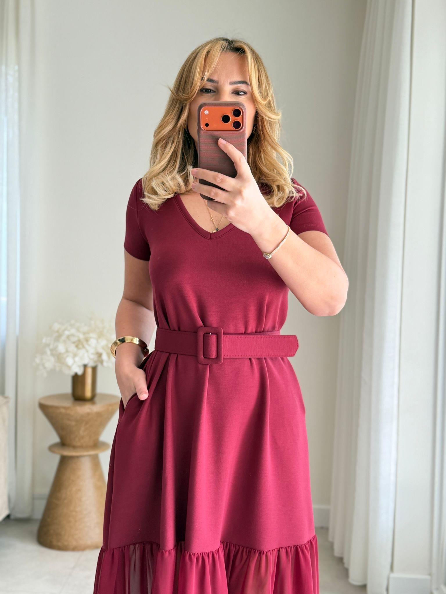 9038 Bordo V Yaka Kemerli Elbise