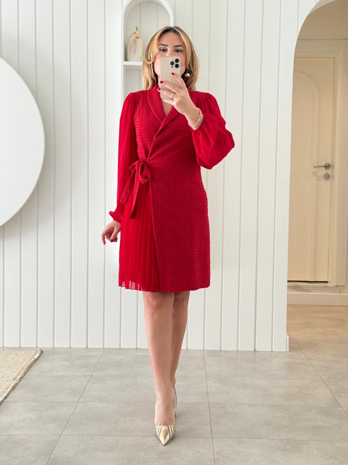 8823 Kırmızı Şifon Kol Tüvit Elbise