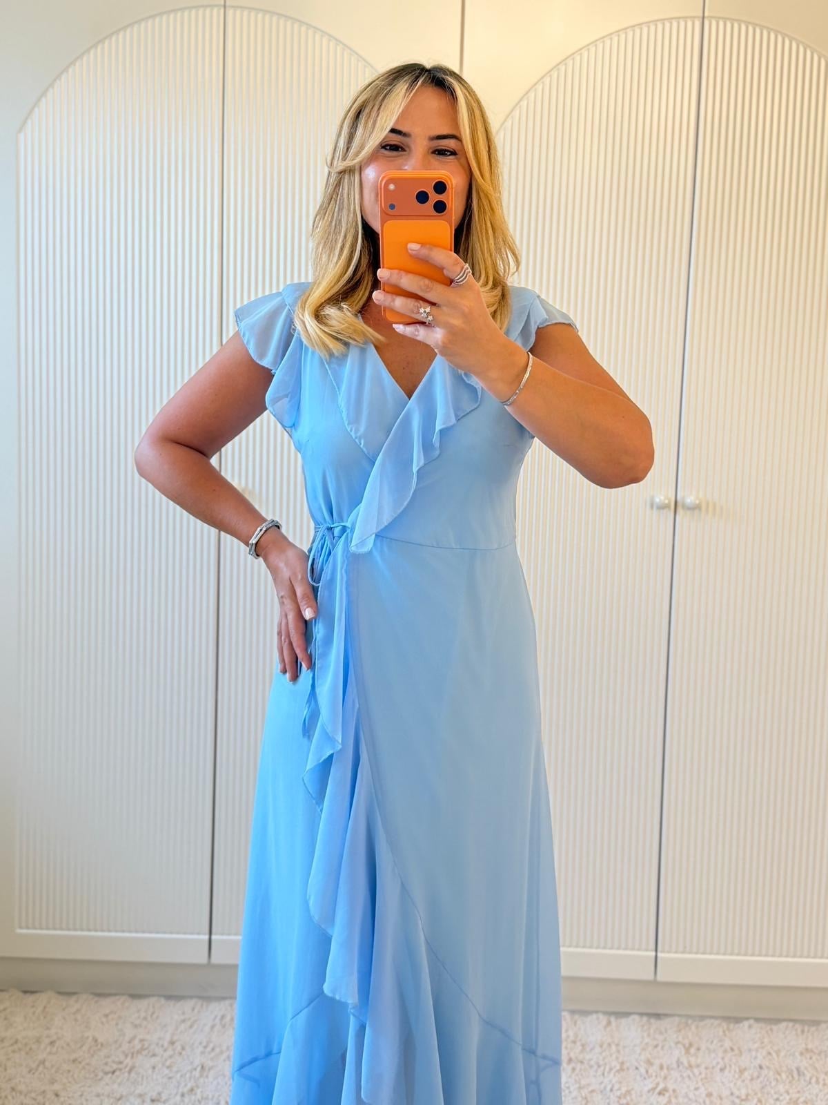 9417 Bebe Mavi Premium Kruvaze Volanlı Sifon Elbise