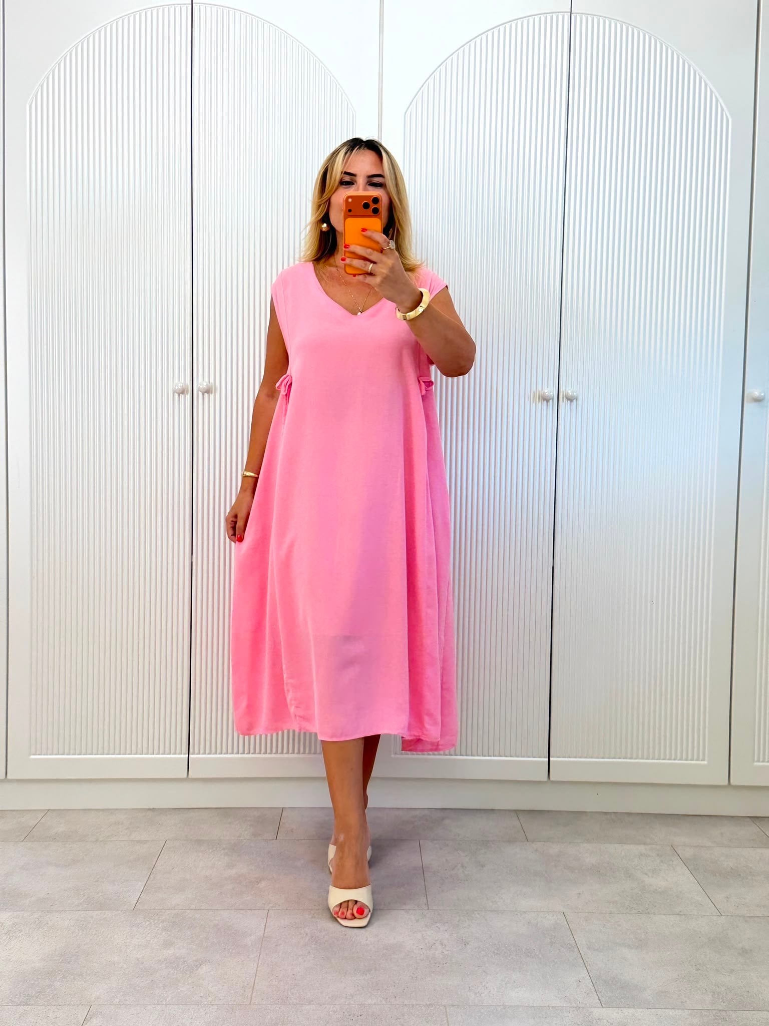 9534 Pembe Fiyonk Detay Keten Elbise