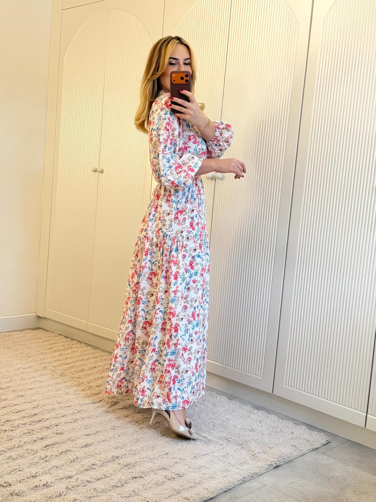 9126 Hakim Yaka Pembe Çıtır Çiçek Elbise