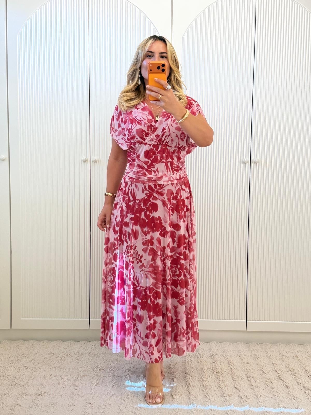 9430 Pembe Premium Drapeli Tül Elbise
