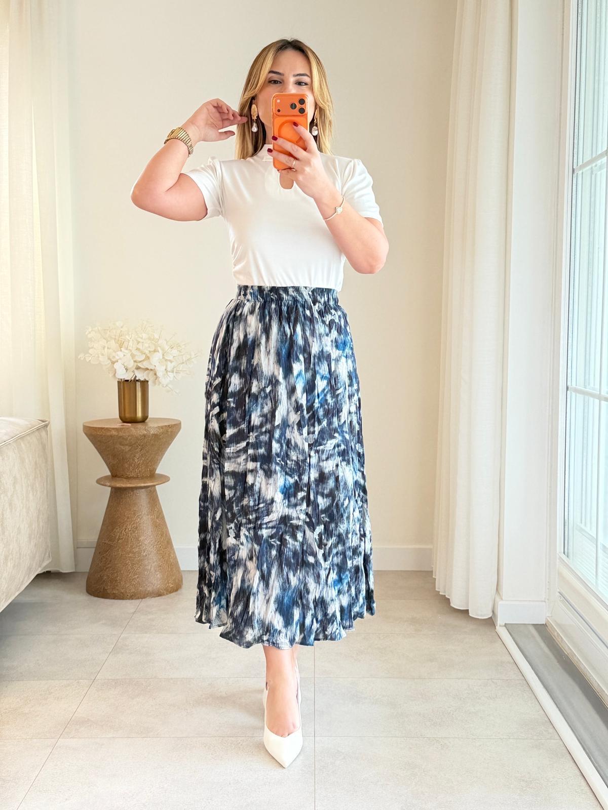 9006 Lacivert Desenli Midi Etek