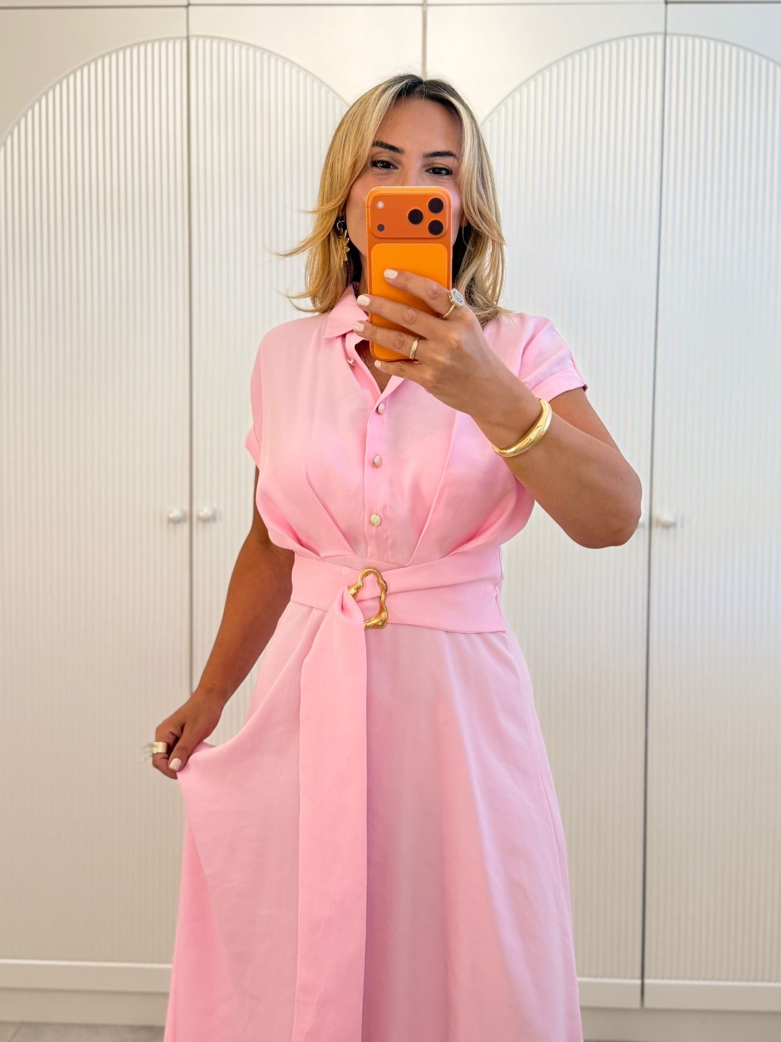9512 Pembe Modal Önden Tokalı Elbise