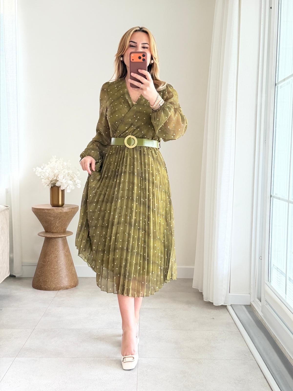 9089 Olive Puantiye Kemerli Şifon Elbise