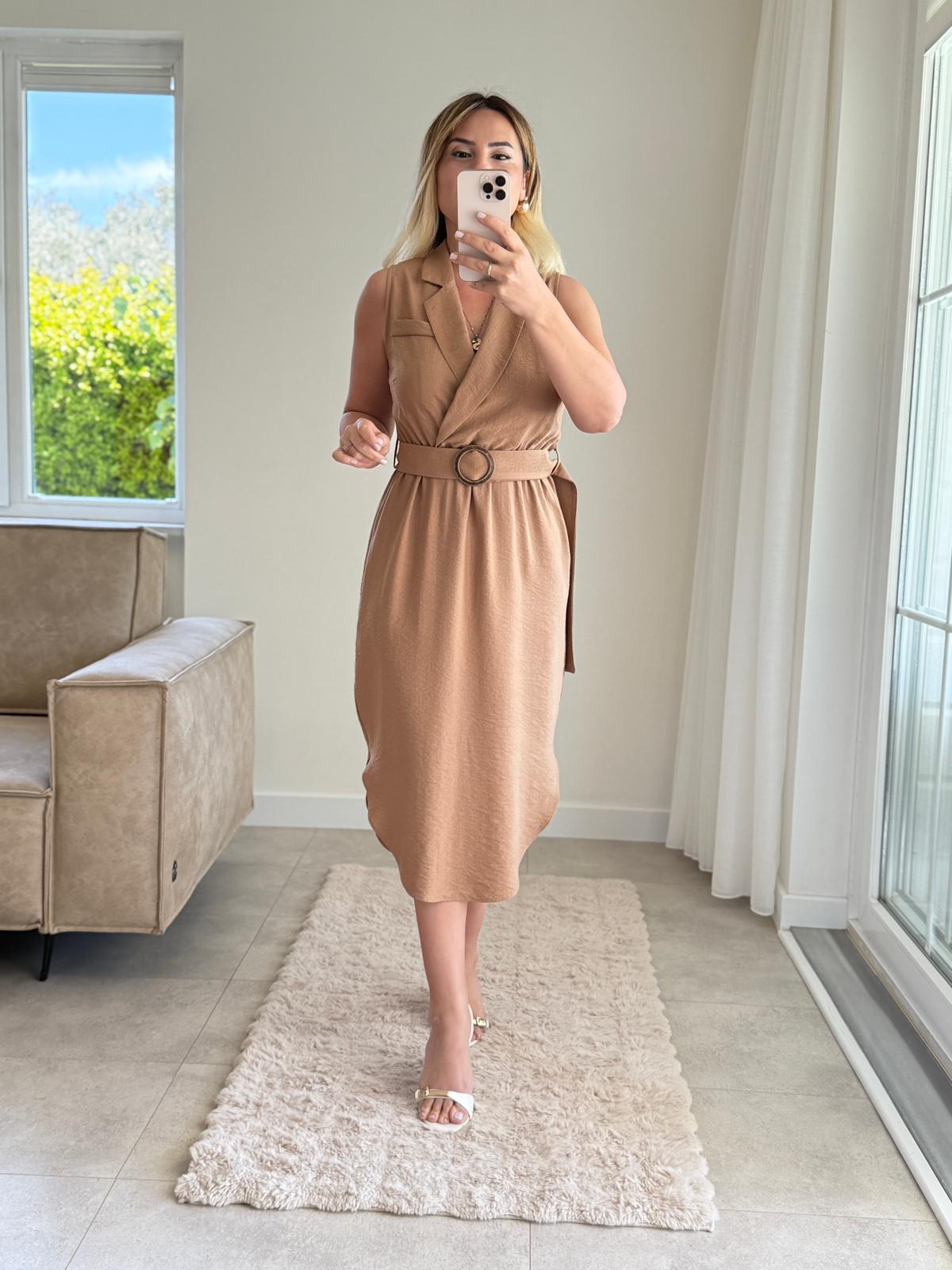 7861 Camel Kruvaze Kolsuz Elbise