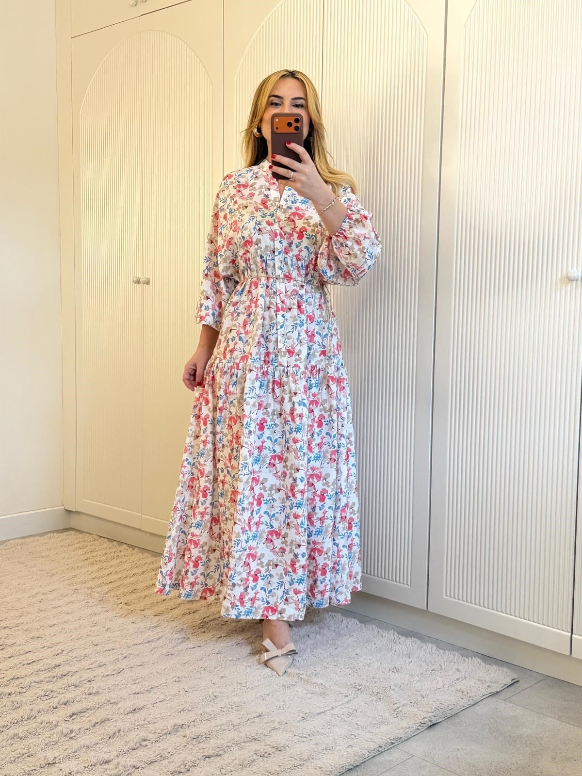 9126 Hakim Yaka Pembe Çıtır Çiçek Elbise