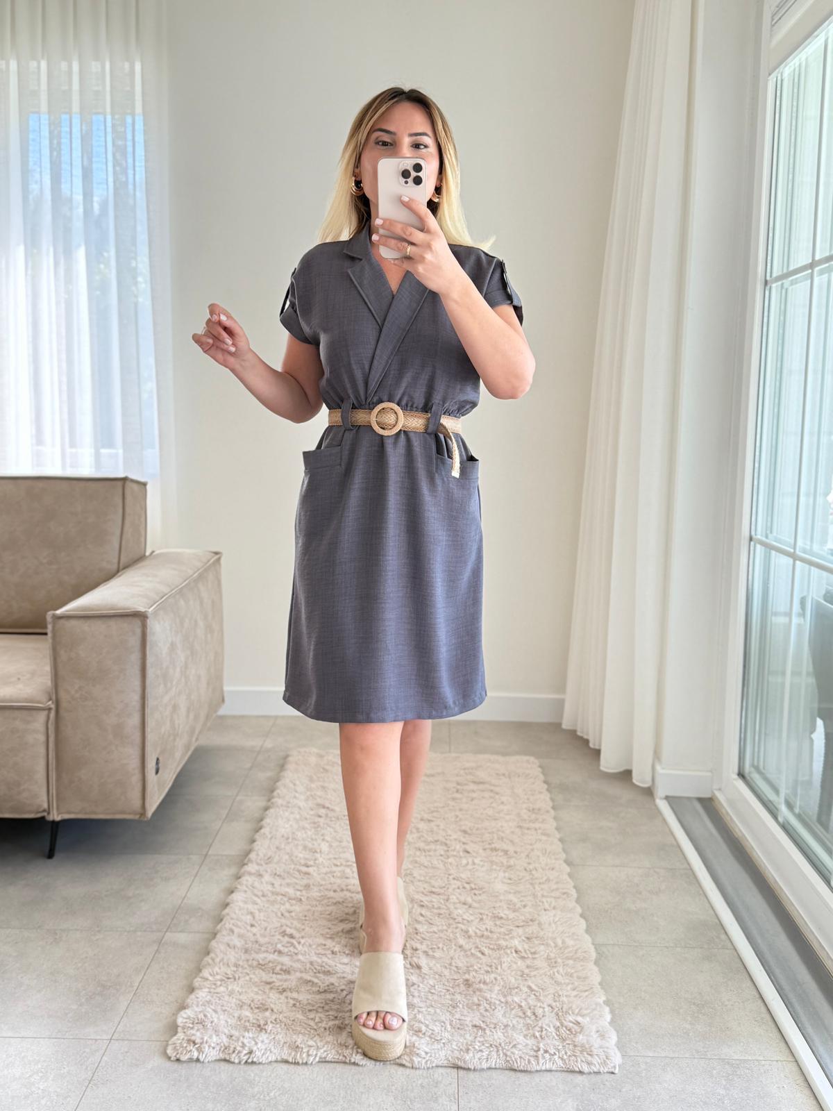 7856 Antrasit Düşük Omuz Elbise