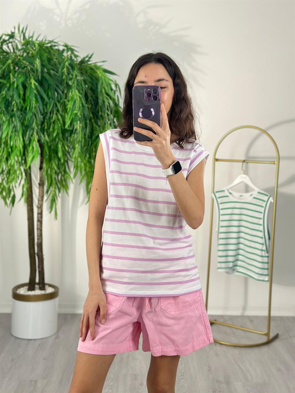 PEMBE ÇİZGİLİ KOLSUZ TSHİRT
