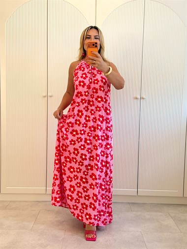 9524 Pembe Kırmızı Halter Yaka Salaş Elbise