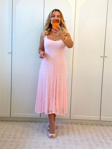 9392 Pembe Askılı Midi Dantel Elbise