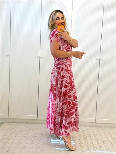 9430 Pembe Premium Drapeli Tül Elbise