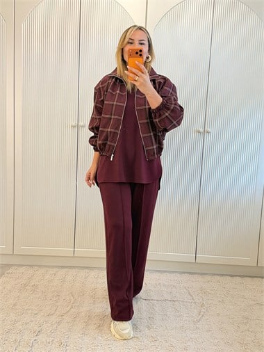 9851 Bordo Fermuarlı Ekose Ceket