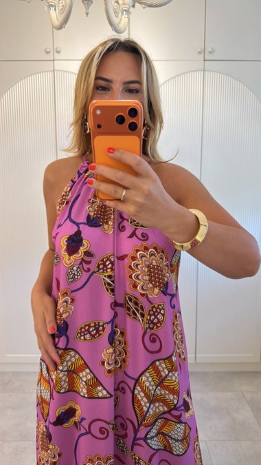 9523 Mor Kahve Halter Yaka Salaş Elbise