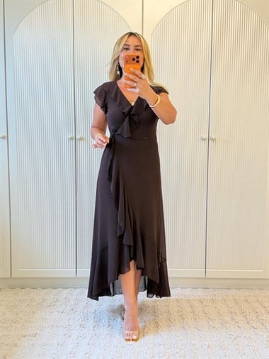 9418 Kahve Premium Kruvaze Volanlı Sifon Elbise