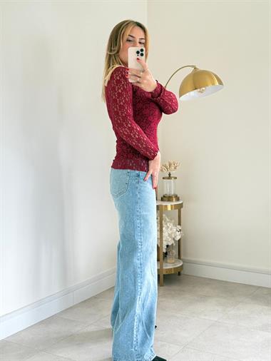 7363 Bordo V Yaka Dantel Bluz