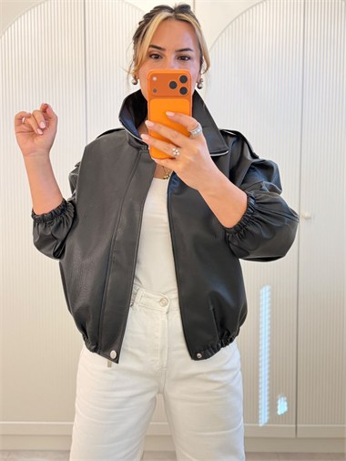 9805 Siyah Suni Deri Bomber Ceket