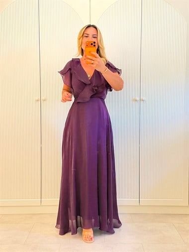 9540 Mor Premium Volanlı Organze Elbise